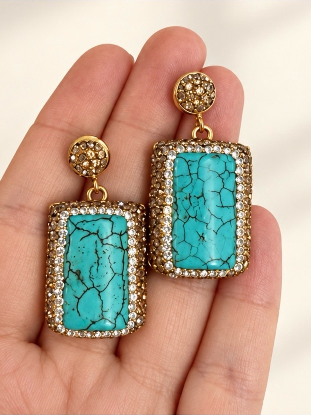 Gold-Tone Turquoise Drop Earrings with Crystal Halo